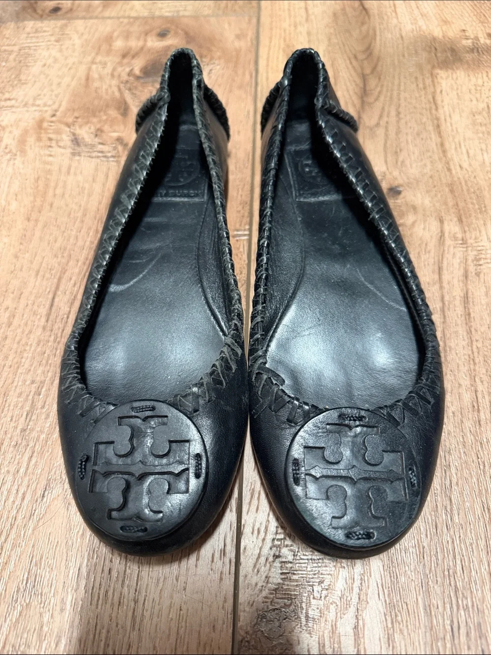 Tory Burch Black Leather Logo Ballet Flats